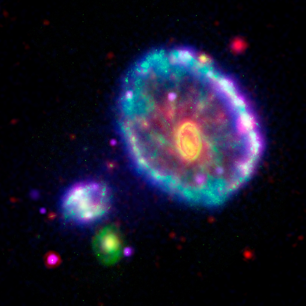 This false-color composite image shows the Cartwheel galaxy as seen by the Galaxy Evolution Explorer's Far Ultraviolet detector (blue); the Hubble Space Telescope's Wide Field and Planetary Camera-2 in B-band visible light (green); the Spitzer Space Teles