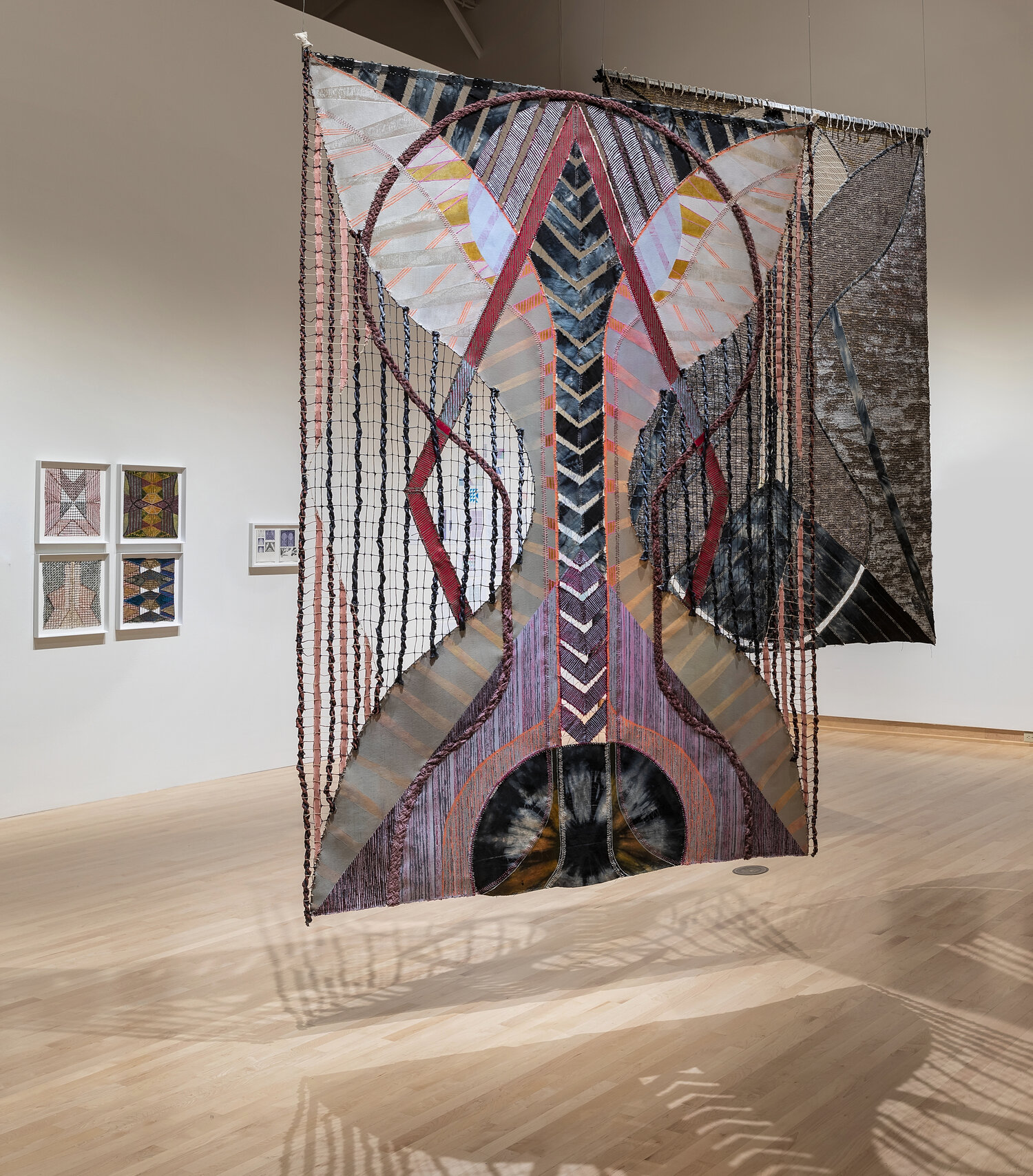 Moth with Slow Cast Detail, 2019, Hand woven textile, hand dyed canvas and wool, linen threads, hand twisted and braided ropes, wax, oil paint, 64” x 104”